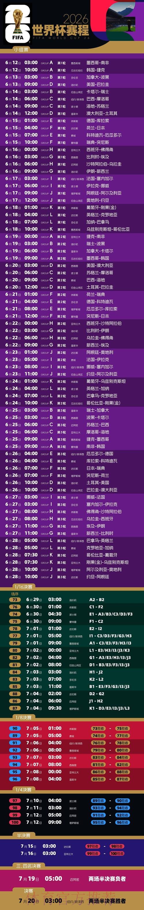 2026世界杯每日赛程最新比赛时间表实时查看 2026世界杯每日赛程最新比赛时间表实时查看